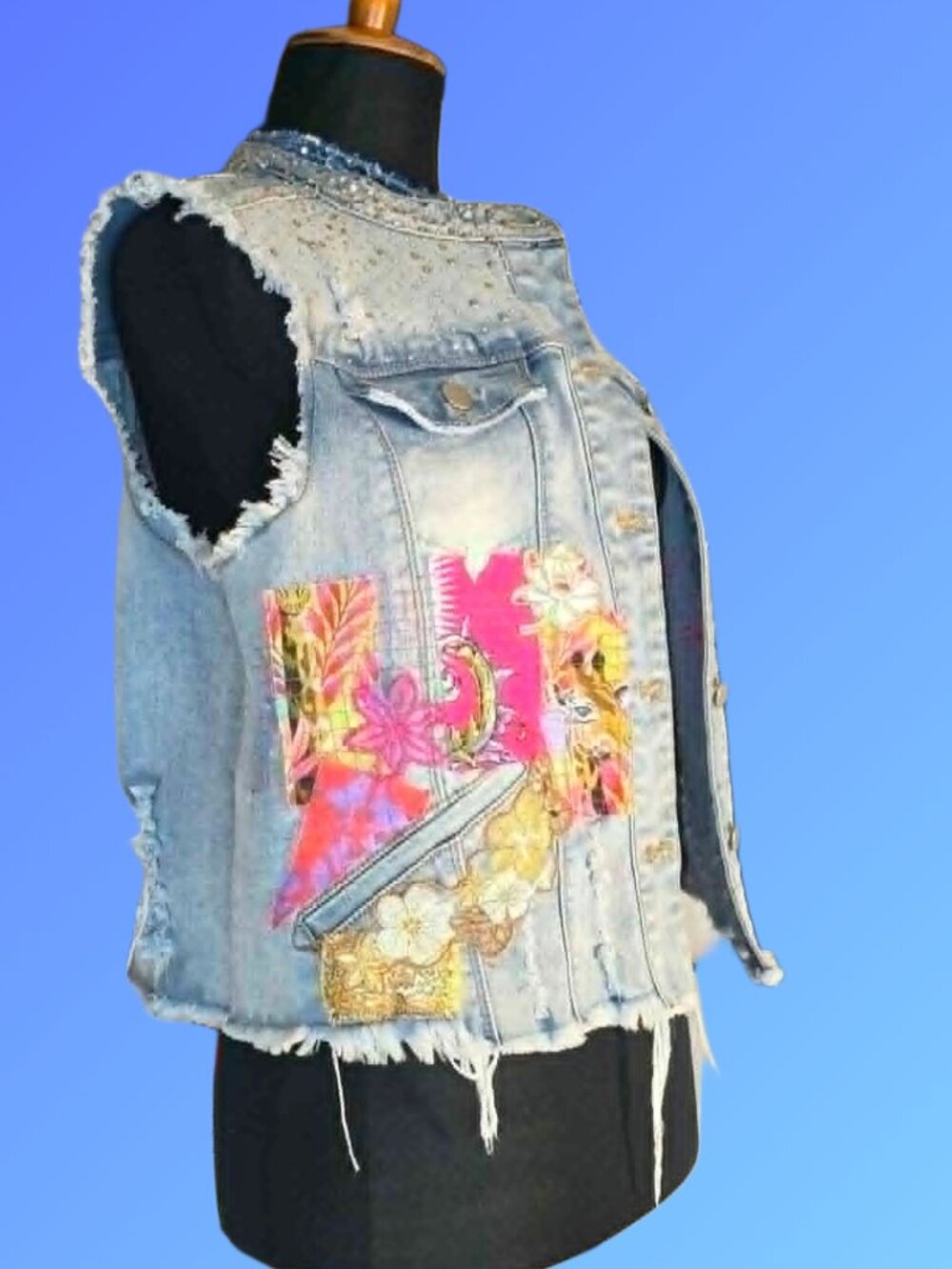 Upcycled BKE Custom Denim Vest Women's Large | Rhinestone Bling & Patchwork Jean